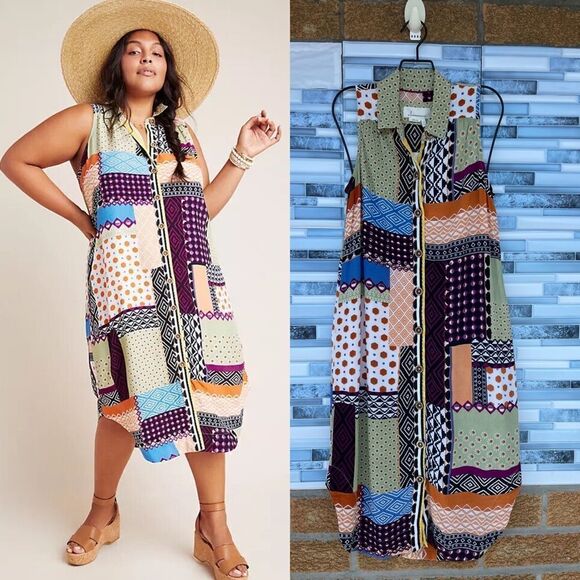 Anthropologie Everyway Shirt Dress Sleeveless Patchwork Buttondown Small S US 2 - Picture 1 of 10